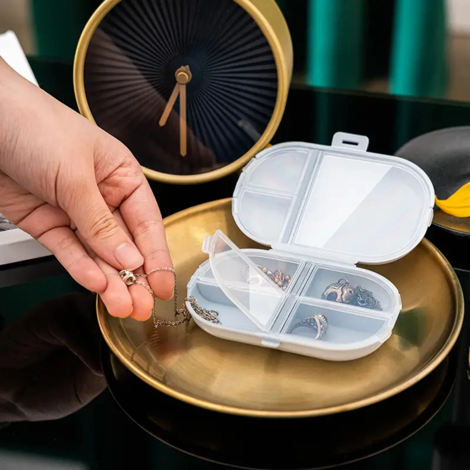 Functional and stylish BPA-Free 7-day weekly pill case with secure snap closure, transparent lid, easy-to-open slots, and non-sl