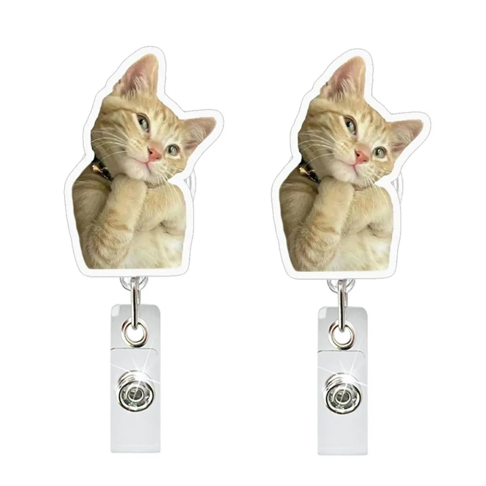 

2pcs Unique Funny Cat Keychain Portable Acrylic Cat Bag Pendant Memes Series Telescoping Alligator Badge Reel Clip Student