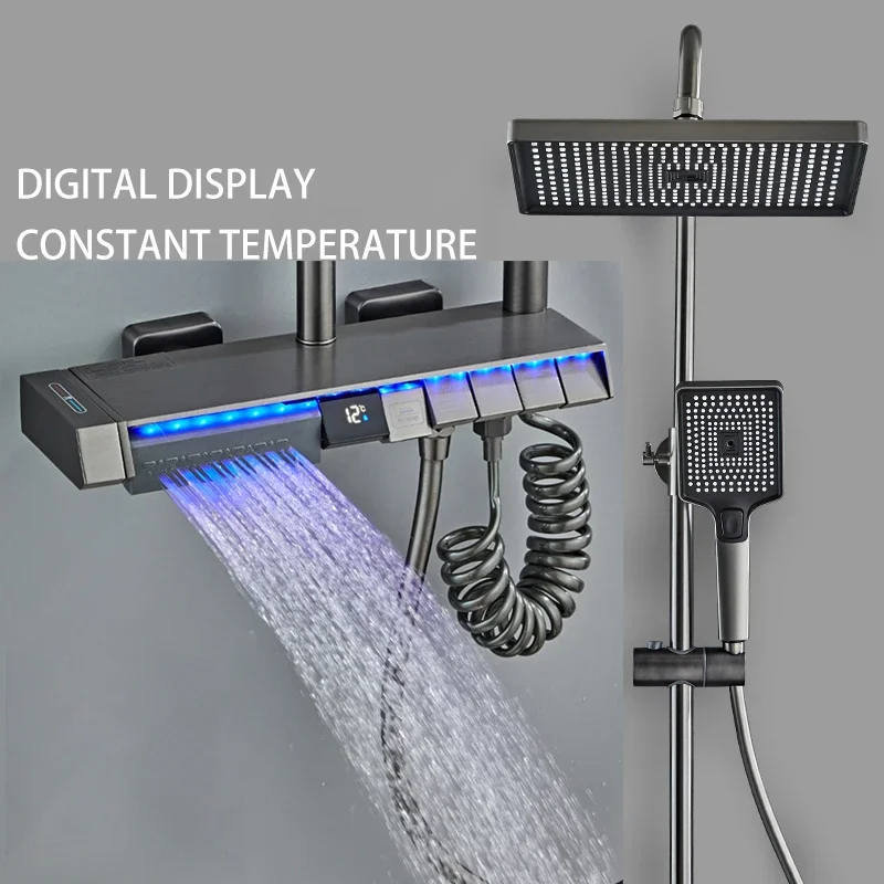 Juego de Sistema de ducha de baño, grifo de latón de lujo, pantalla Digital inteligente, montaje en pared para el hogar, lluvia