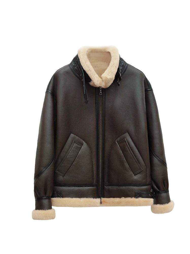 High-end Luxury Merino Sheep Fur Winter Motorcycle Jackets for Women Simple Thickened Warm Genuine Leather Real Lamb Fur Coat