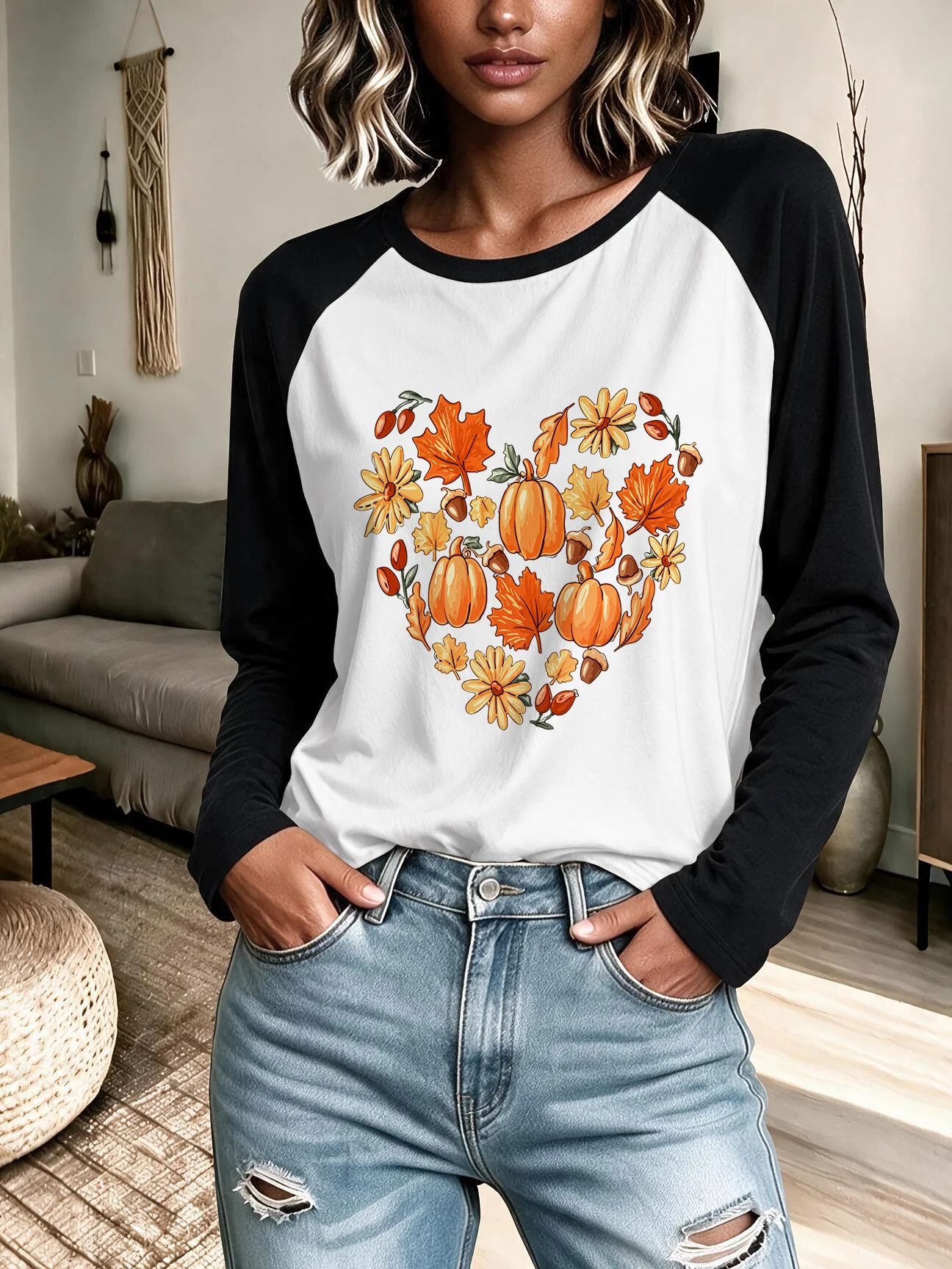 Heart Shape Composed of Pumpkin and Maple Leaves Print T Shirt Women's Raglan Long SleeveTshirt Casual Halloween T-Shirt Clothes
