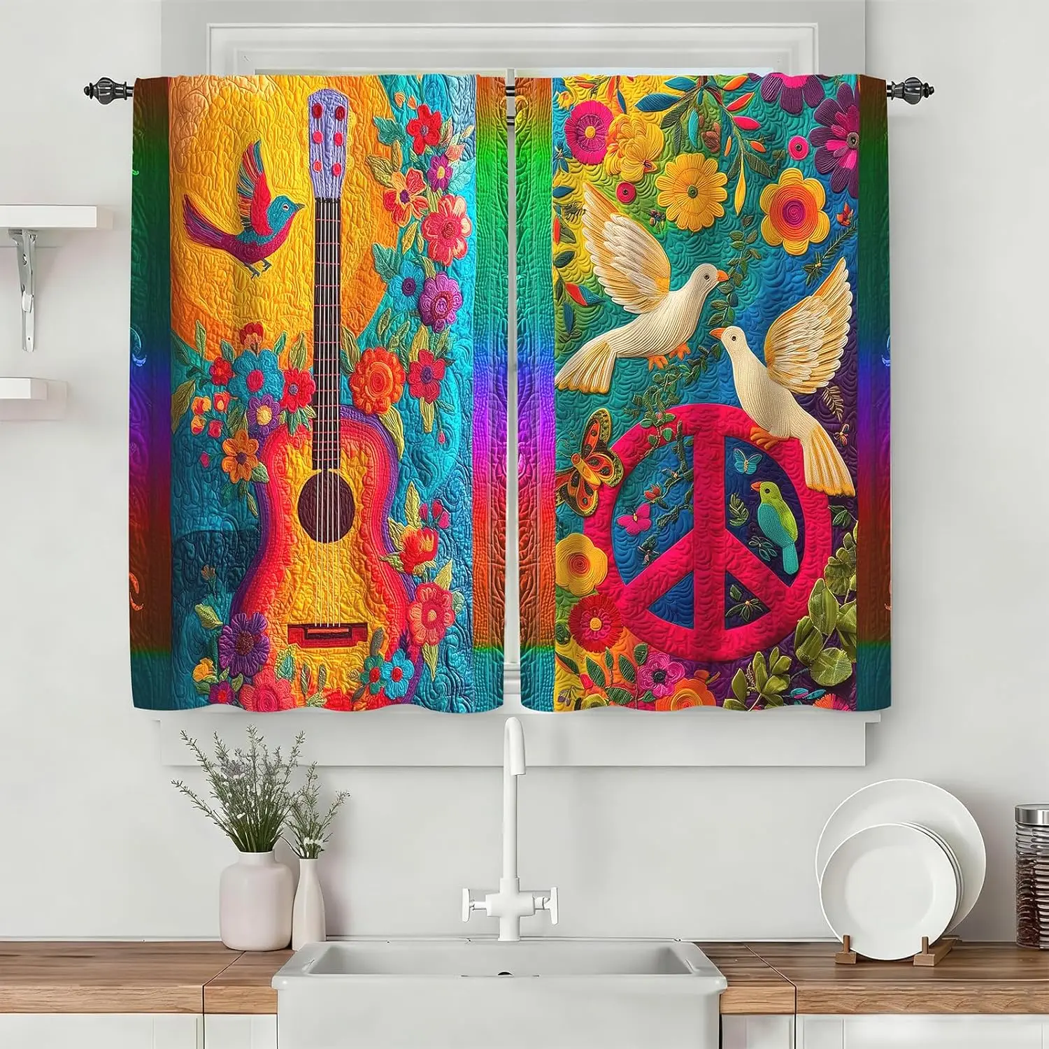 Boho Tropical Floral Curtains 2 Panel Window Pair Living Room Bohemian Art Peace Music Decor Curtains Set