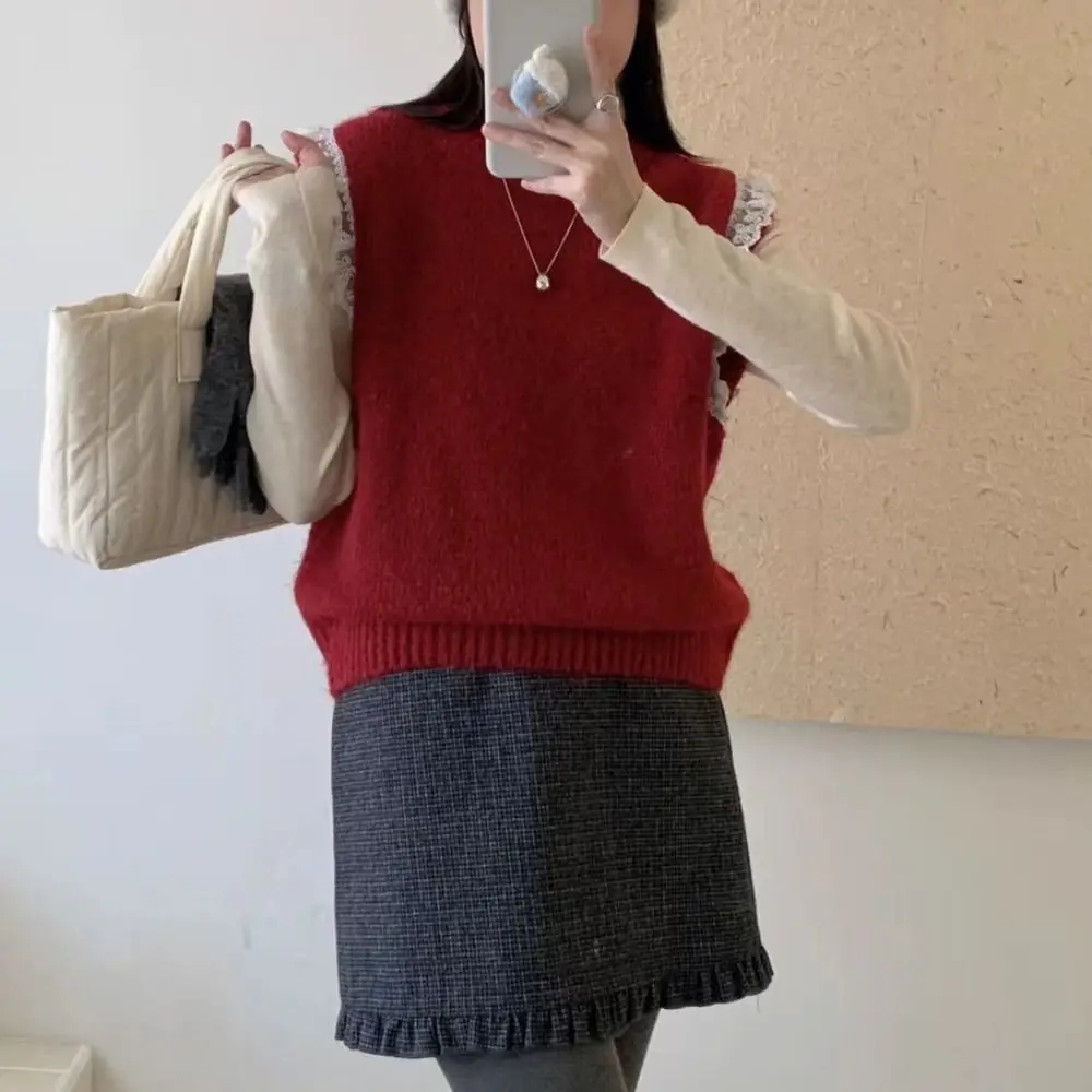 

Round Neck Lace Sleeveless Sweater Solid Color Pullover Knitted Waistcoat Top Korean Style Sweet Vest Crop Top Streetwear