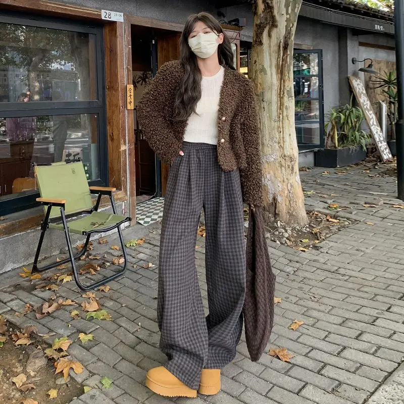 Vintage Plaid Jeans Women 2024 Thickened Winter Casual Straight-Leg Drawstring Wide-Leg Pants