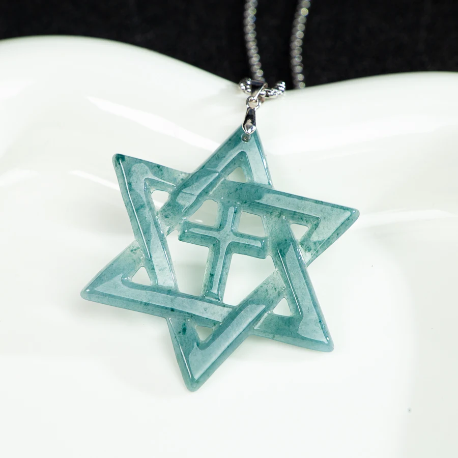 

TIMESWIND Natural A-type Jade Blue Hollow Hexagram Cross Men Titanium Steel Necklace with Certificate