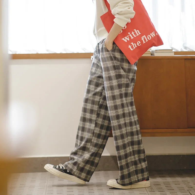 Maden-Pantalon Vintage à Carreaux Décontracté pour Femme, Baggy Droit, Taille Haute, artificiel astique, Mode Coréenne, Été, Jambes Larges