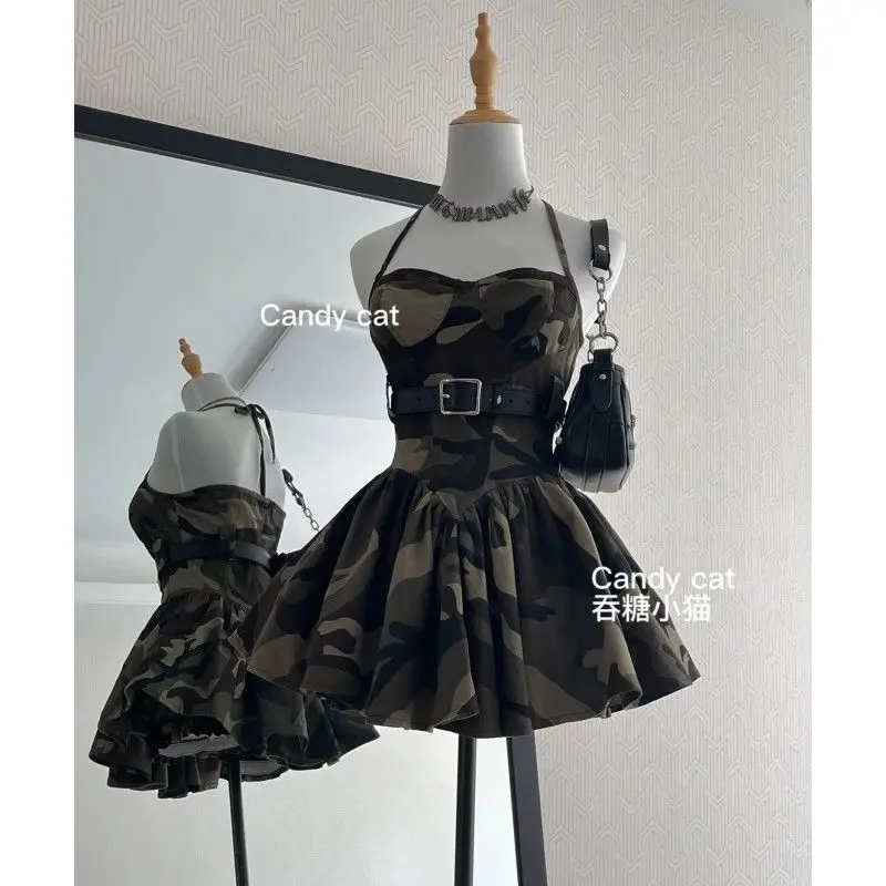 

Harajuku Spicy girl camouflage camisole skirt summer mini skirt 2024 new high street vintage y2k dress for women