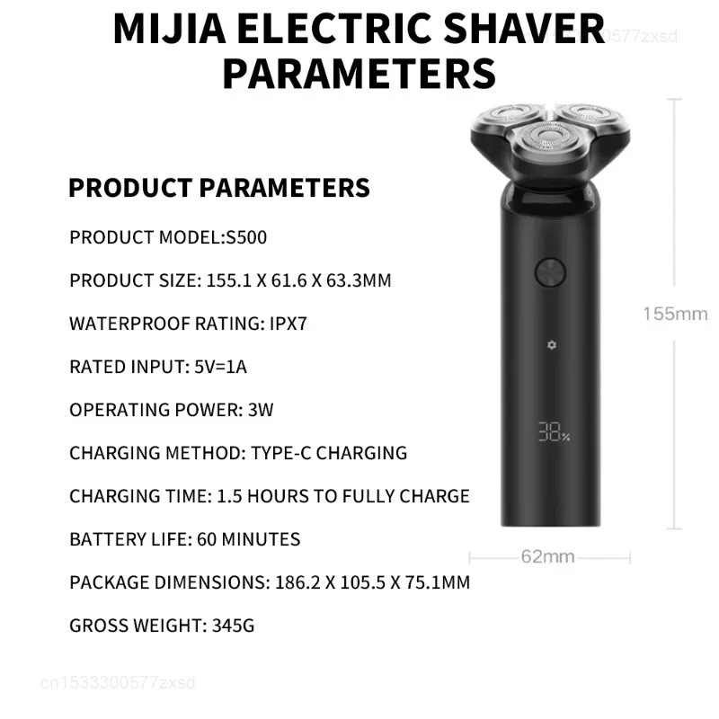 XIAOMI MIJIA Electric Shaver S500, Type-C Rechargeable Wet Dry Shaver Men’s, IPX7 Waterproof, LED Display 60min Battery Life view 5