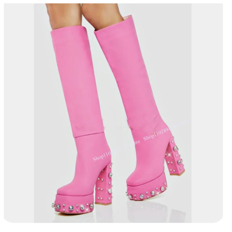 Botas de plataforma alta para joelho feminino, salto grosso, cristal rosa, sapatos casuais tamanho grande, elegante e sexy, 2023, verão