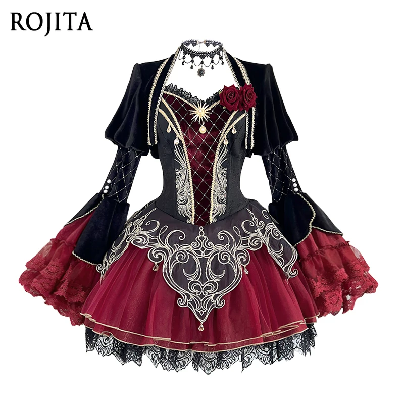 

Dark Gothic Lolita Dress Set Women Outfits Spring Autumn Lace Patchwork Bell Sleeve Velvet Top High Waist Mini Dress