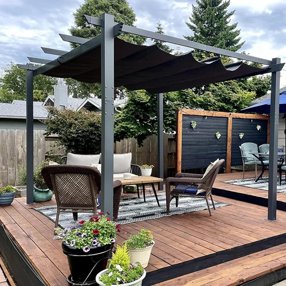 10' X 12' Outdoor Retractable Pergola with SunShade Canopy Patio Metal Shelter for Porch Garden Beach Pavilion Grill Gazebo,Gray