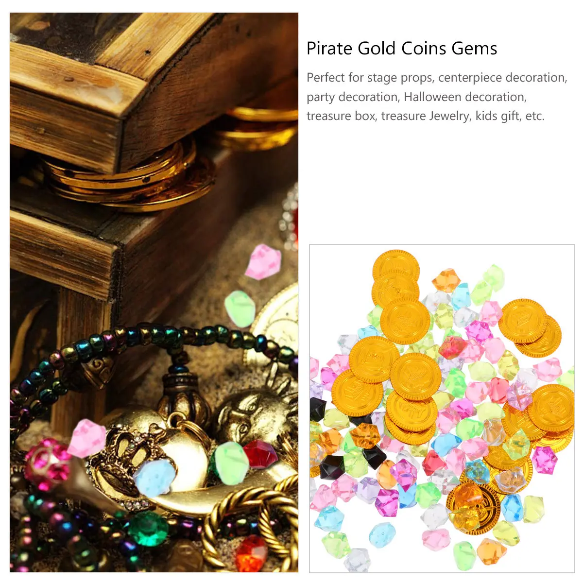 

120Pcs Pirate Coins Gems Jewelry Playset Plastic Treasure Box Accessories Kids Pirate Costume Favor Birthday Halloween