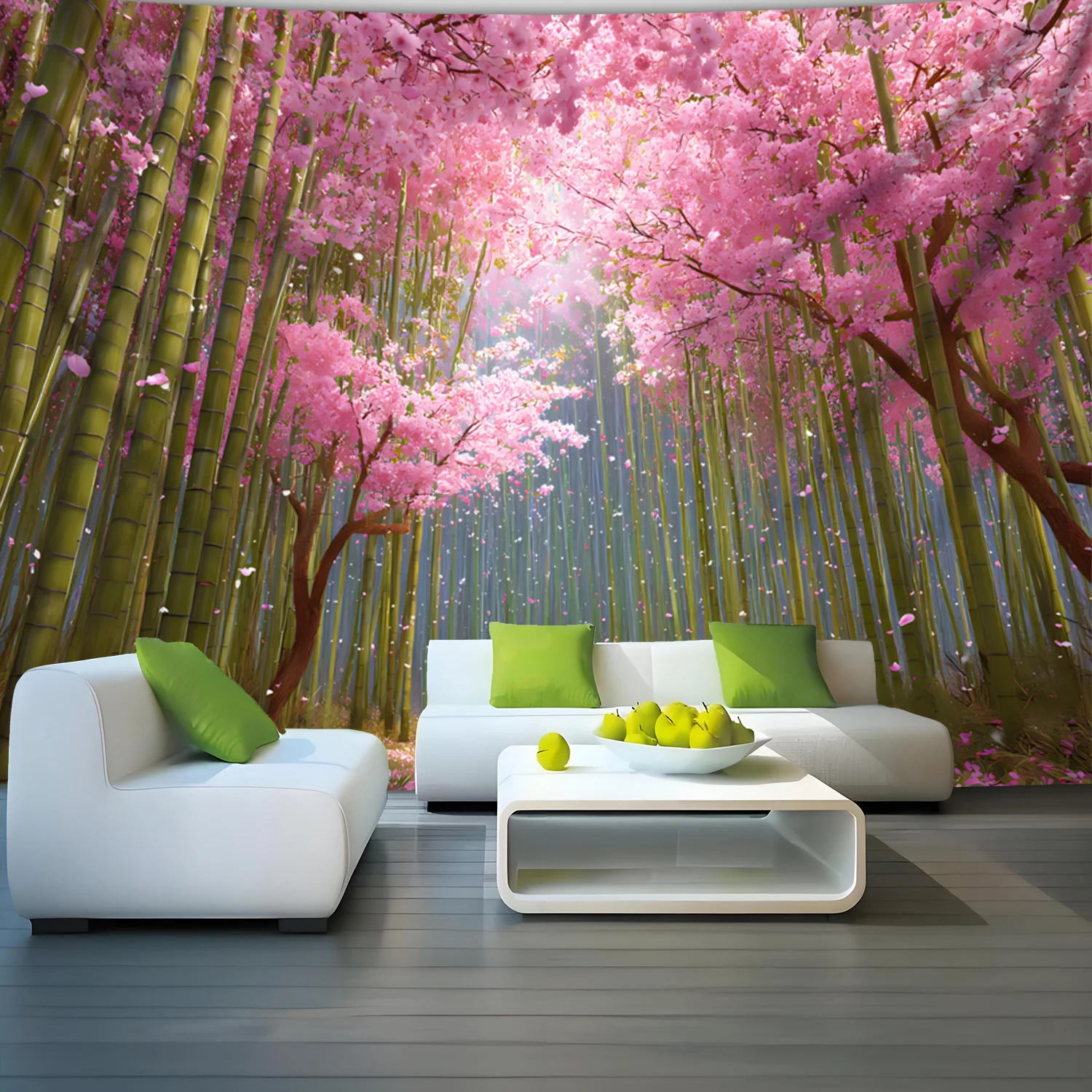 Cherry Blossom Bamboo Forest Wall Tapestry Japanese Garden Art Spring Nature Decor Pink Flowers Living Room Fabric Print