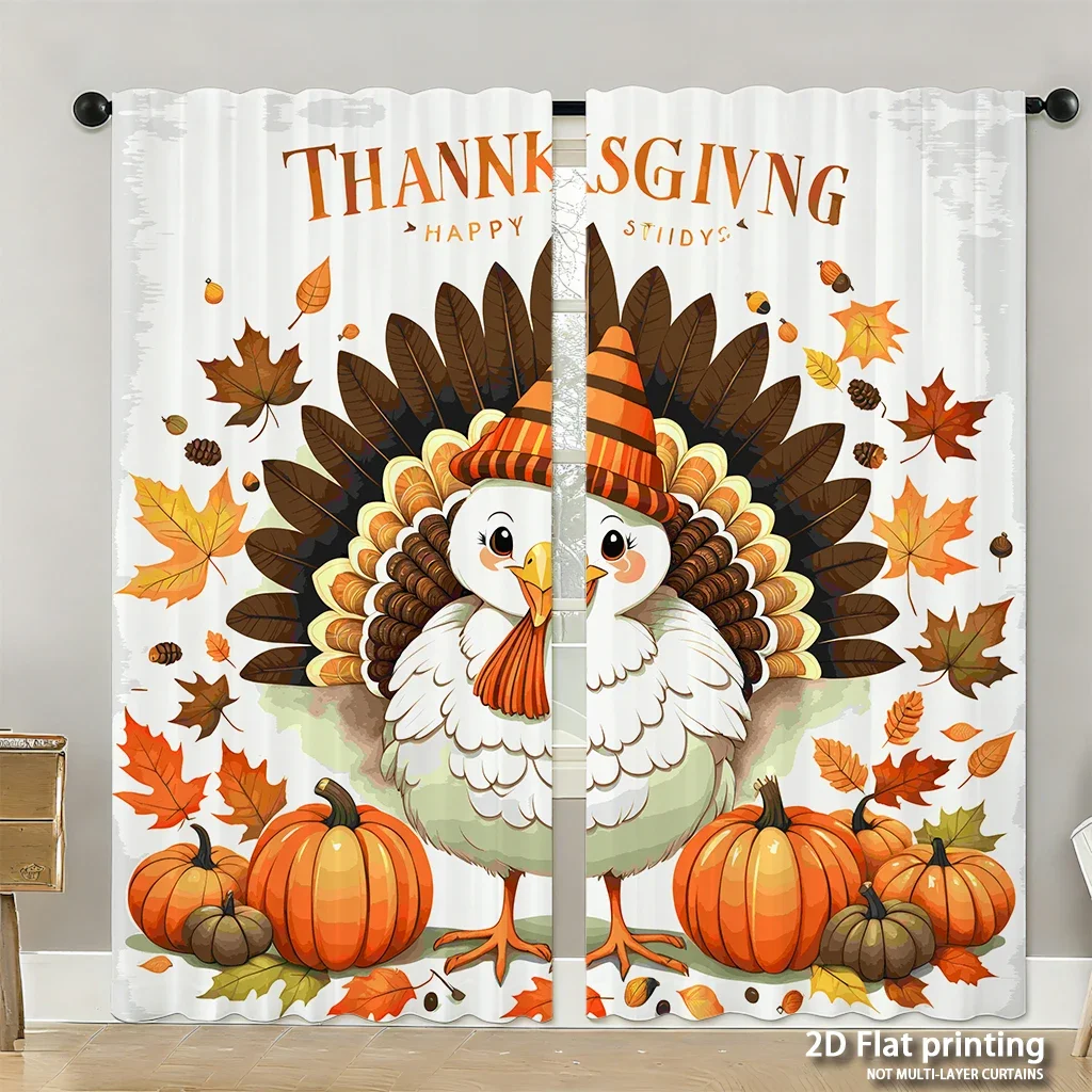 2-piece set of high-definition digital printed curtainsThanksgiving cute cartoon turkey with autumn leaves pumpkins color styleH
