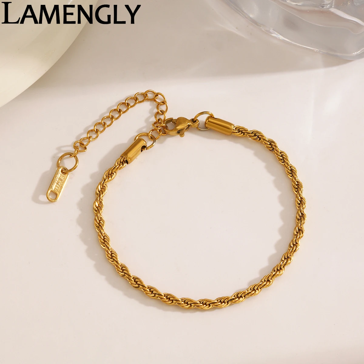 LAMENGLY 316L Stainless Steel Exquisite Flash Twisted Rope Chain Bracelet For Women Classic Minimalist Non-Fading Wrist Chain