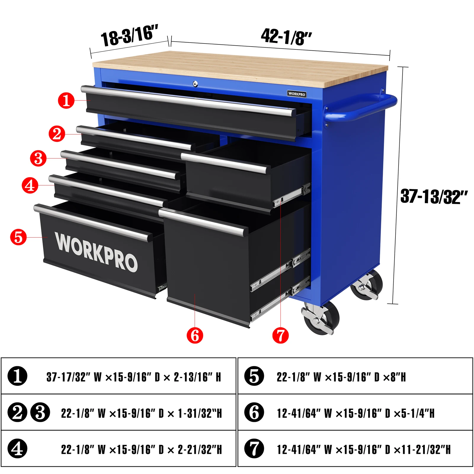 WORKPRO-Armário de armazenamento de ferramentas rolantes espessadas, Gabinete de ferramentas removíveis, 7 gavetas, 42 in