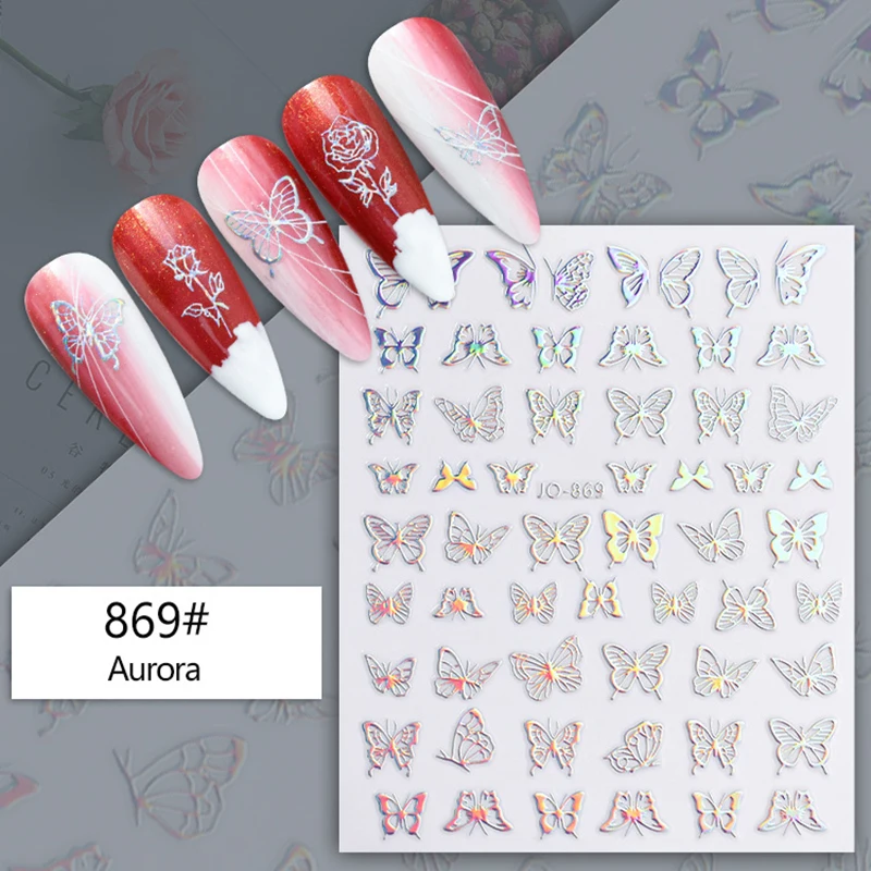 

3D Aurora nail art sticker butterfly heart rose flame wave line star design back glue thin foil decals YJ085