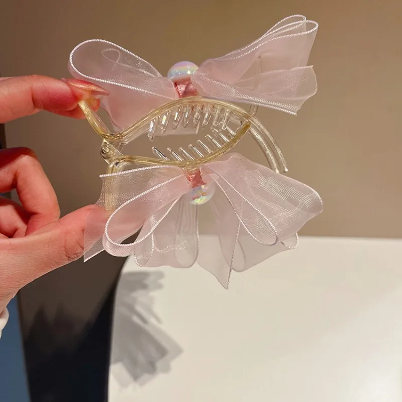 

Sweet Mesh Pearl Bow Hair Clips Stylish Hair Claw Barrettes for Little Girls Fashion Hair Accessories Soft Daily Outfits Party