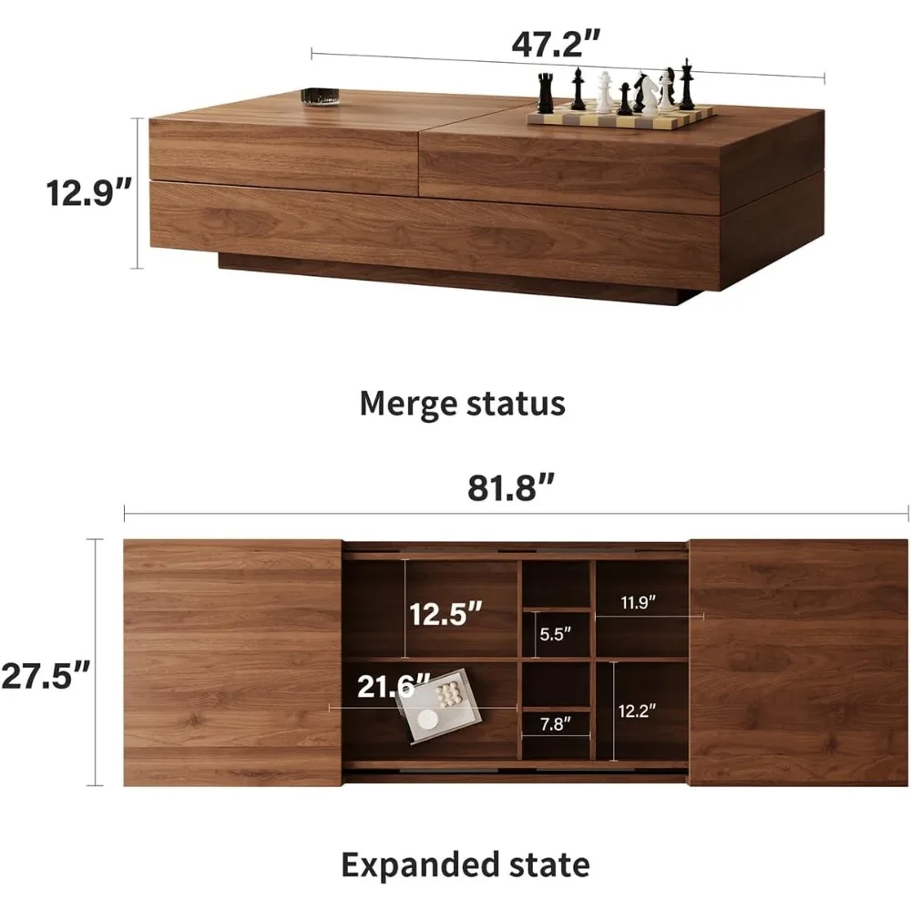 طاولة قهوة حديثة قابلة للتوسيع، 47.2-81.8 طاولة مركزية من خشب الجوز قابلة للتعديل مع مساحة تخزين مخفية كبيرة لغرفة المعيشة