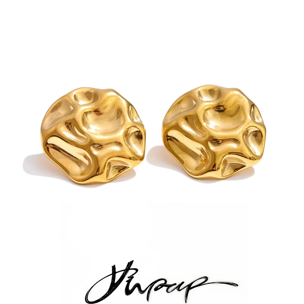 Yhpup Stainless Steel Hammer Metal Round Stud Earrings Prevent Allergy Simple Daily Versatile Jewelry for Women