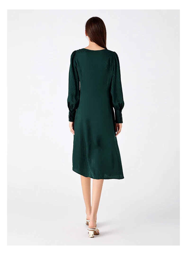 100% Pure Mulberry Silk Jacquard Hole Green Round Neck Shirt Long Sleeve Loose Loose Leaf Decoration Casual Dress New AE1968