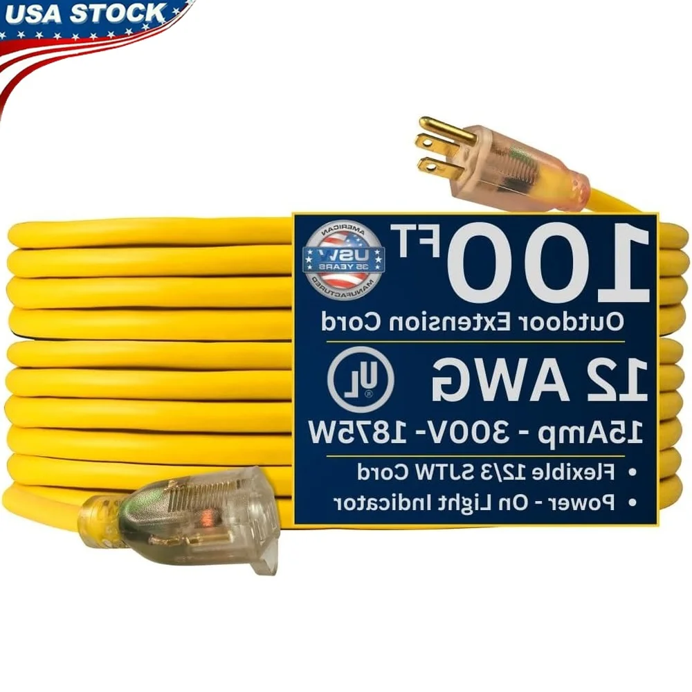 

Heavy Duty Power-On Indicator Light Extension Cord 100ft SJTW Non-Marring Double Insulated Flexible Yellow 15A 125V Safe Outdoor