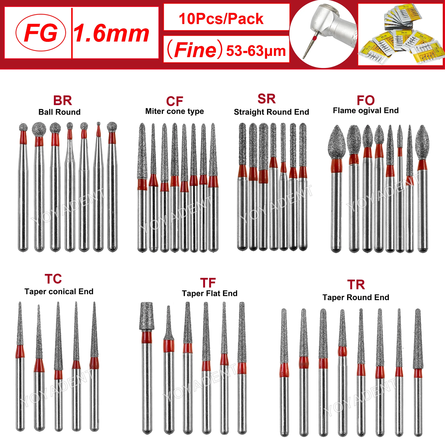 FG Fine Dental Diamond Burs High Speed Turbines Burs Drills Dental Lab Polishing Tools TR/TC/TF/FO/BR/SR/Type 1.6mm 10pcs/Pack