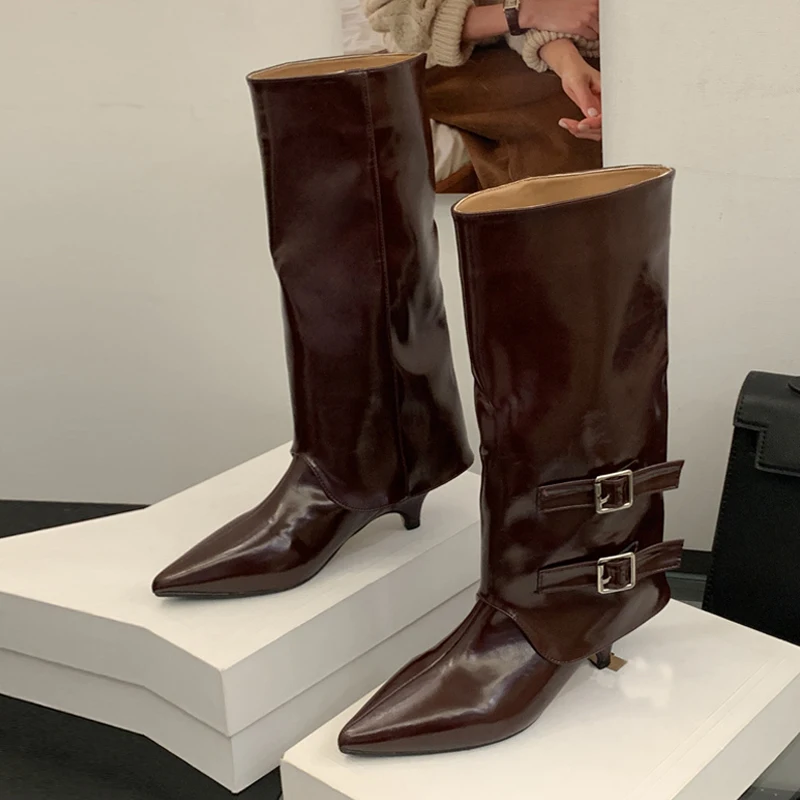 

Liyke Autumn Winter Wine Red Leather Ladies Long Shoes Elegant Pointed Toe Double Belt Buckle Knee High Boots Women Low Heels