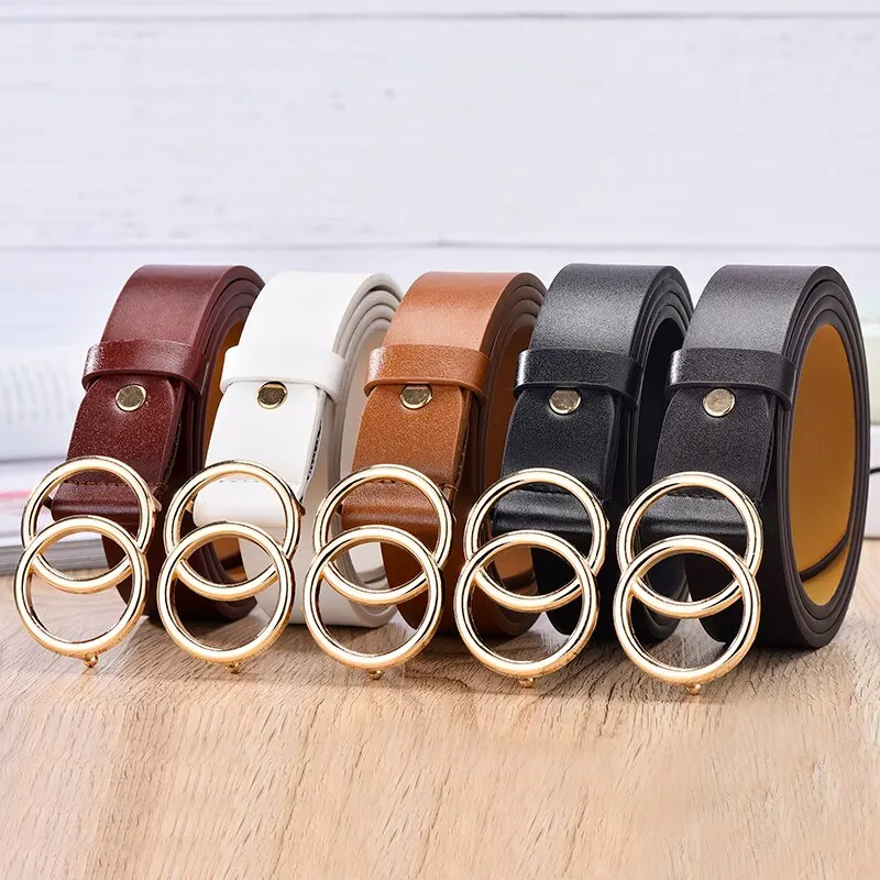 Women's Belt Trend Double Round Buckle Belt Simple And Versatile Youth Belt Pu Leather Belt Paired With Jeans Skirt Women Belt