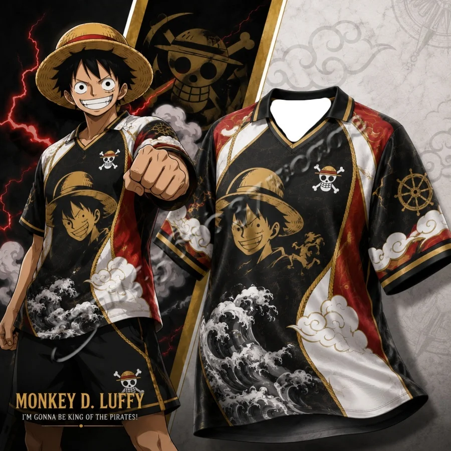 2026/27 Neues One Piece Luffy Serie Fußballtrikot mit Kragen, Modisches Streetwear für Männer und Frauen, Unisex Anime Sportbekleidung, Familienoutfit – Detail 4