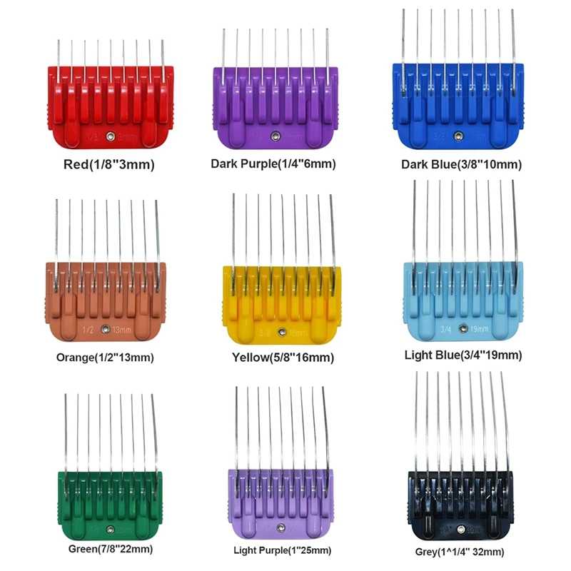 9 Color Comb Set Animal Pet Stainless Steel For Andis, Oster A5, Wahl KM Series detachable blade clippers (size 10/15/30 only)