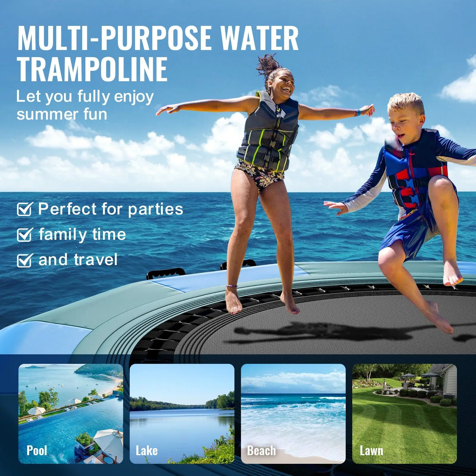 NEW Inflatable Water Bouncer, 12ft Recreational Water Trampoline, Portable Bounce Swim Platform with 3-Step Ladder