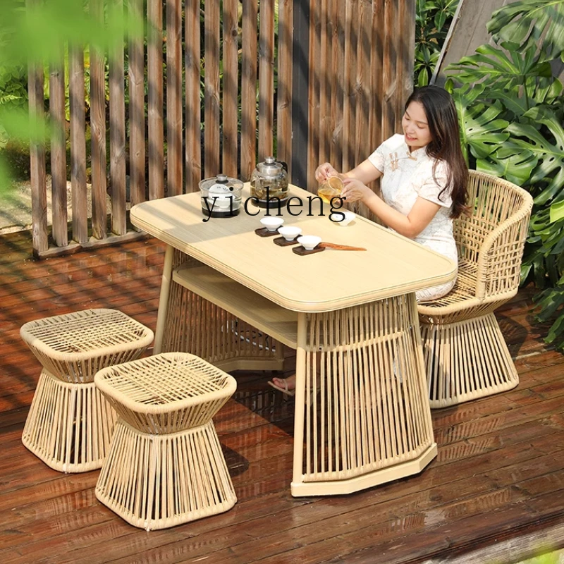 

TQH balcony tea table and chair combination leisure creativity can be stored in home leisure area rattan chair