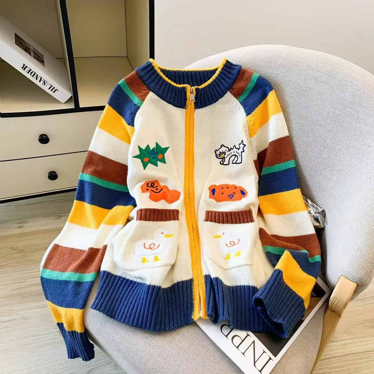 

Colorful Stripes Pattern Women's Knitted Cardigan 2000s Clothes Aesthetic Fashion Female Long Sleeve Vintage Autumn Thin Coat