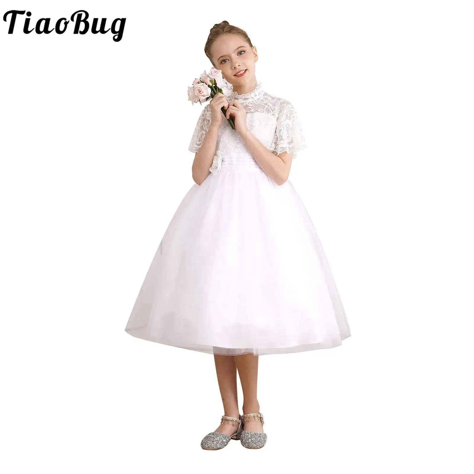 

Kids Girls Elegant Party Dress Bodice Flower Brooch Flare Sleeve Lace Tulle Dresses for Birthday Banquet Wedding Bridesmaid Gown