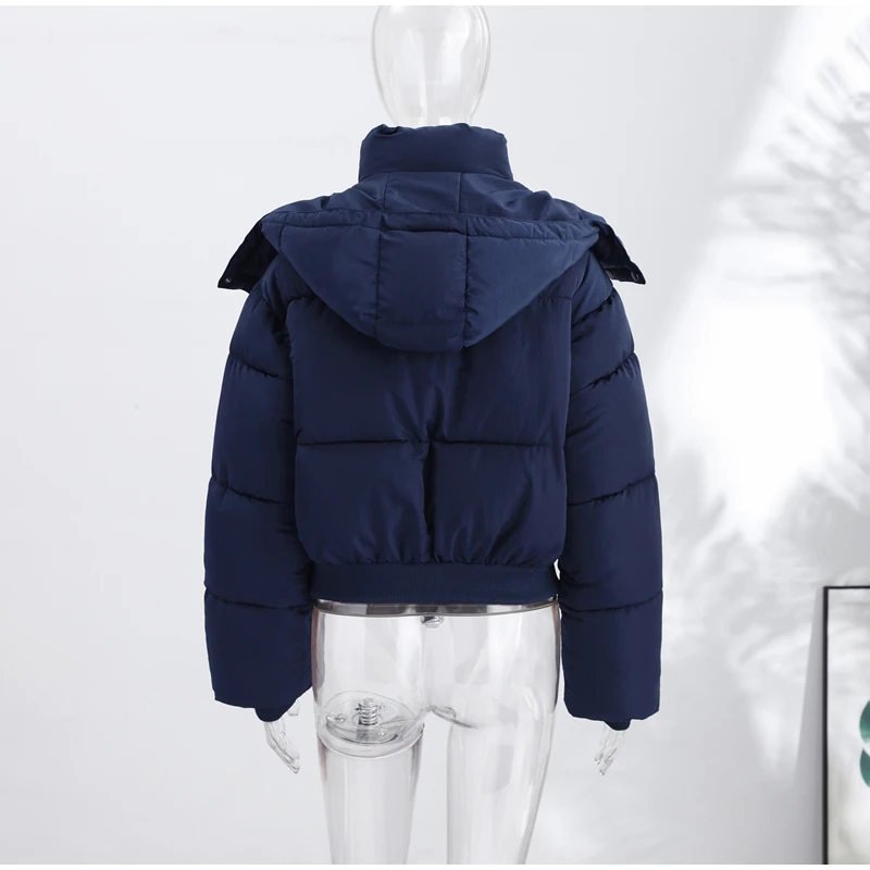 Women's Cropped Puffy Jacket Detachable Hood Drawstring Waist Drop Shoulder Long Sleeve Loose Padded Winter Down Jackets