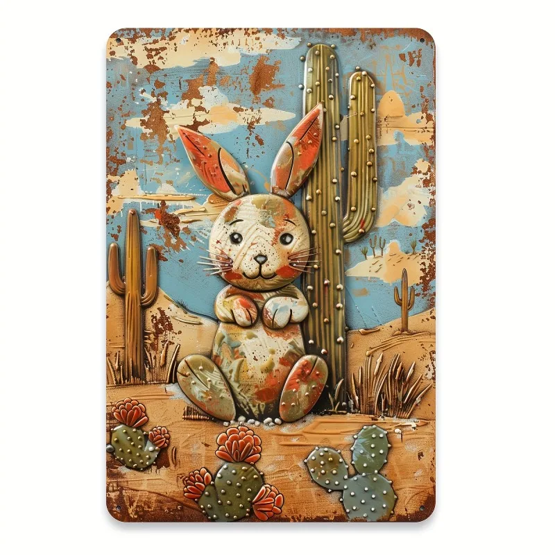 Vintage Rabbit with Cactus Iron Metal Tin 8x12 Inches Ideal for Home Bar Patio and Garden Decor