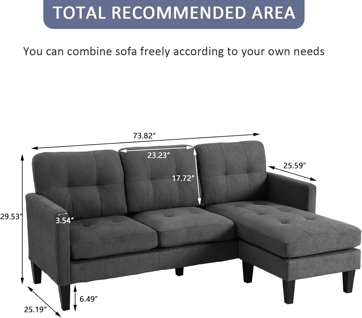 Convertible Sectional Sofa Couch, 3 Seat L-Shaped Sofa Couch with Modern Linen Fabric for Small Space Living Room