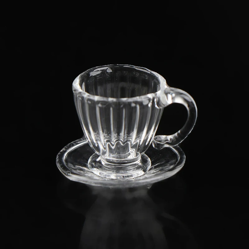 Dollhouse Tea Cup With Base Disc Coffee Cup Doll House Mini Model Furniture Accessories Glass Texture Tea Cup Saucer