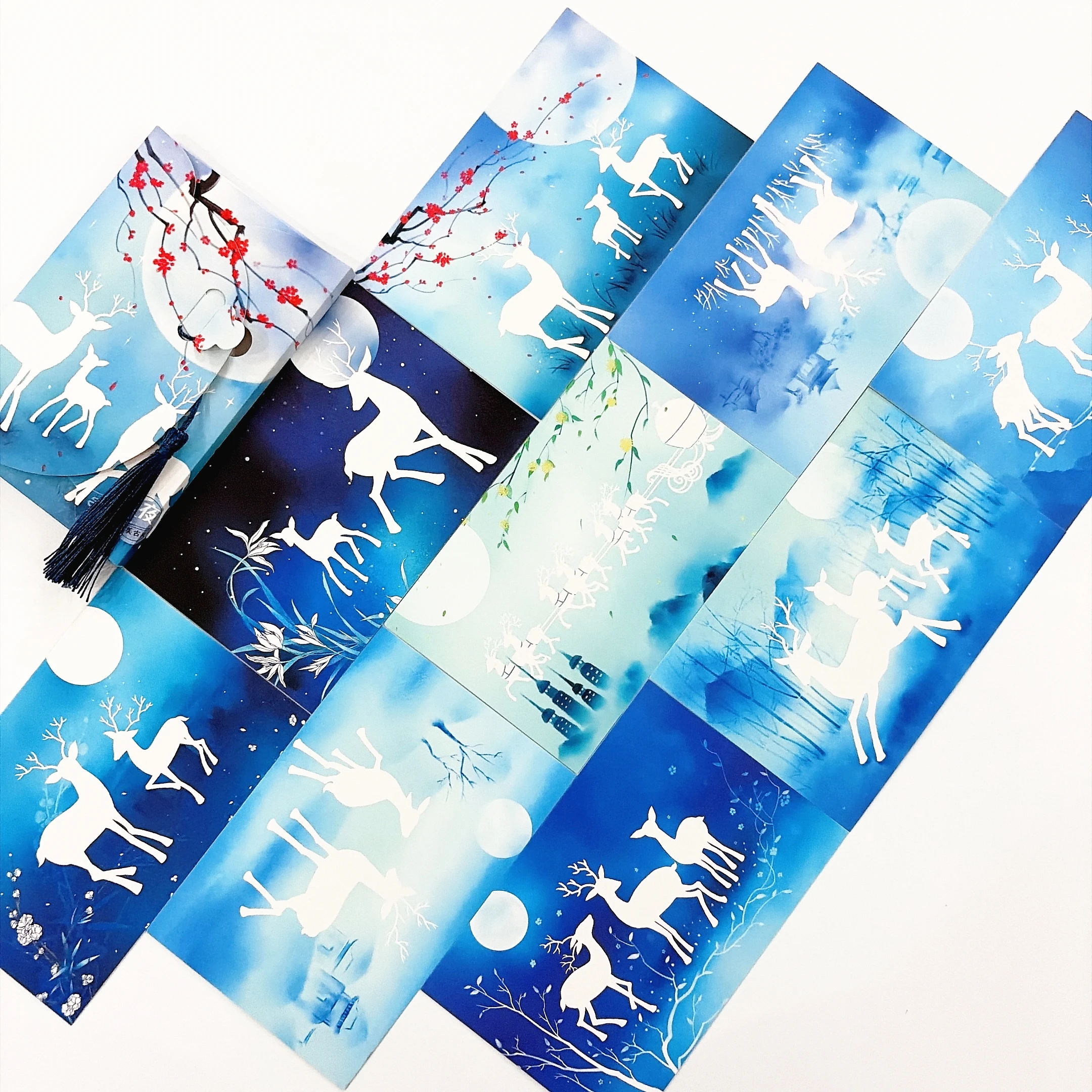 16PCS Watercolor Elk Moon Postcards Set with Tassel Dreamy Forest White Deer Silhouette Print Greeting Cards Stationery Gift
