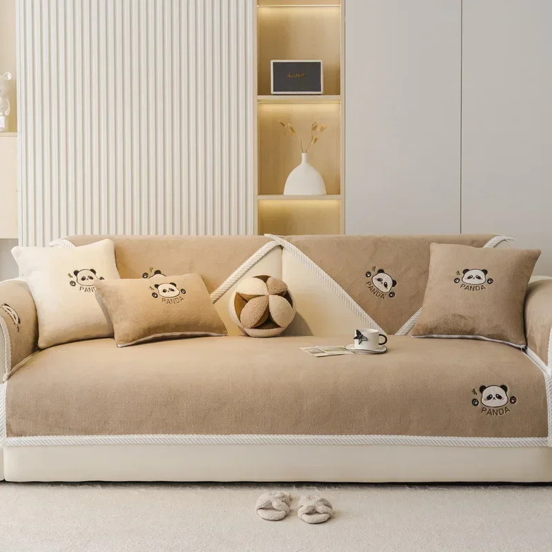 Plush Panda Sofa Cushion Autumn and Winter Cartoon Cushion Milk Velvet Fixed Anti-slip Sofa Cover Winter Cover