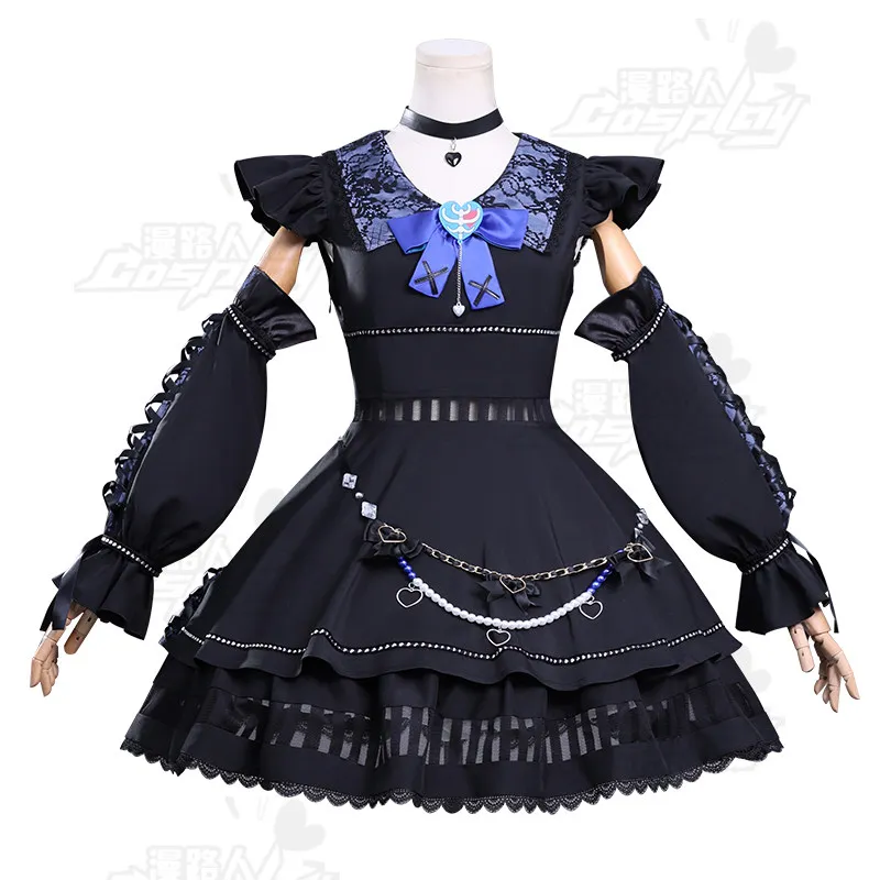 

P5X Ichigo Shikano Cosplay Costume, Gothic Black Dress with Blue Bow, P5X Phantom X Berry Cosplay Outfit for Women