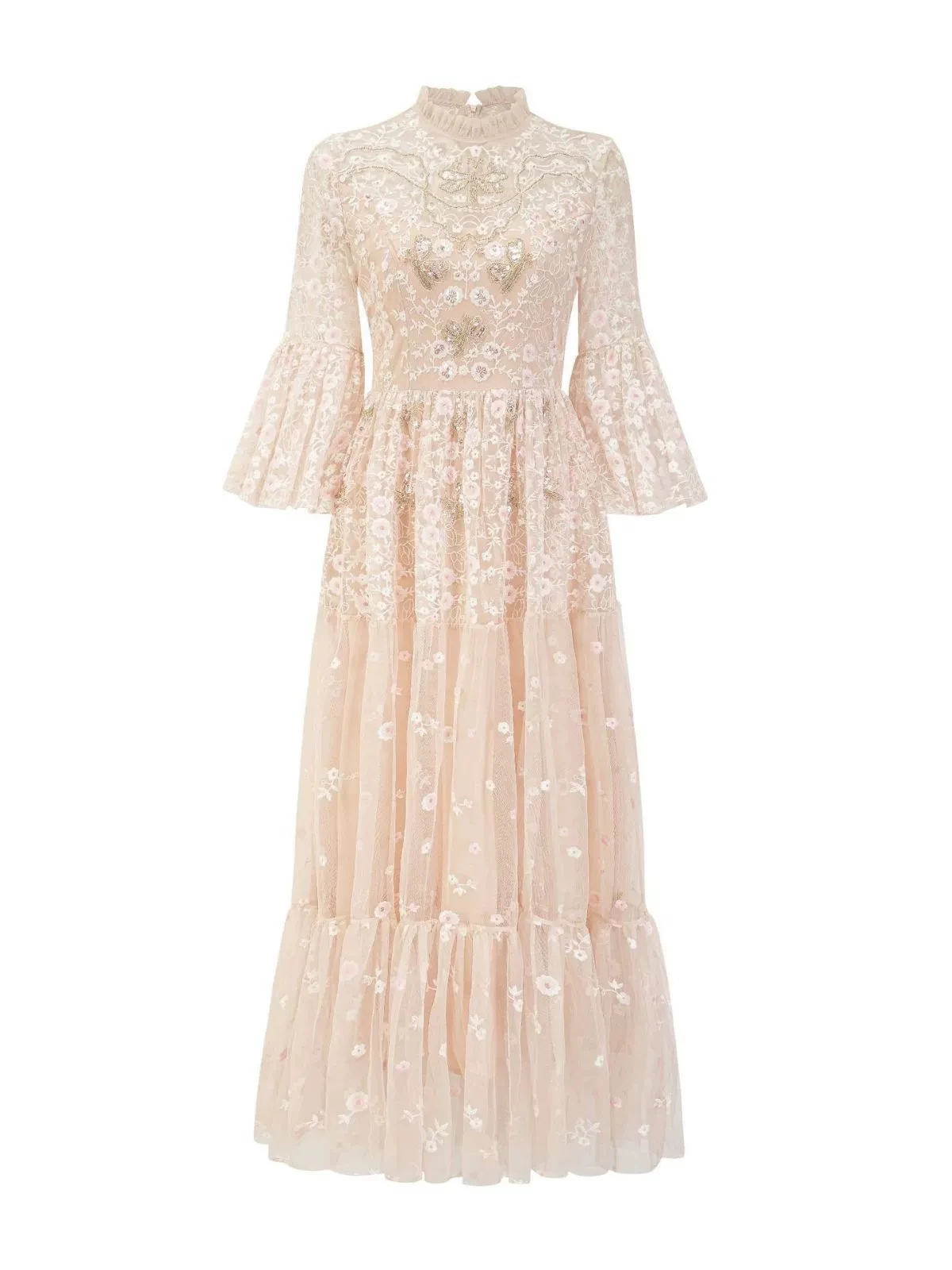 

Small flower mesh embroidered dress trumpet sleeve 7 minutes long skirt birthday party dress-GZXX448