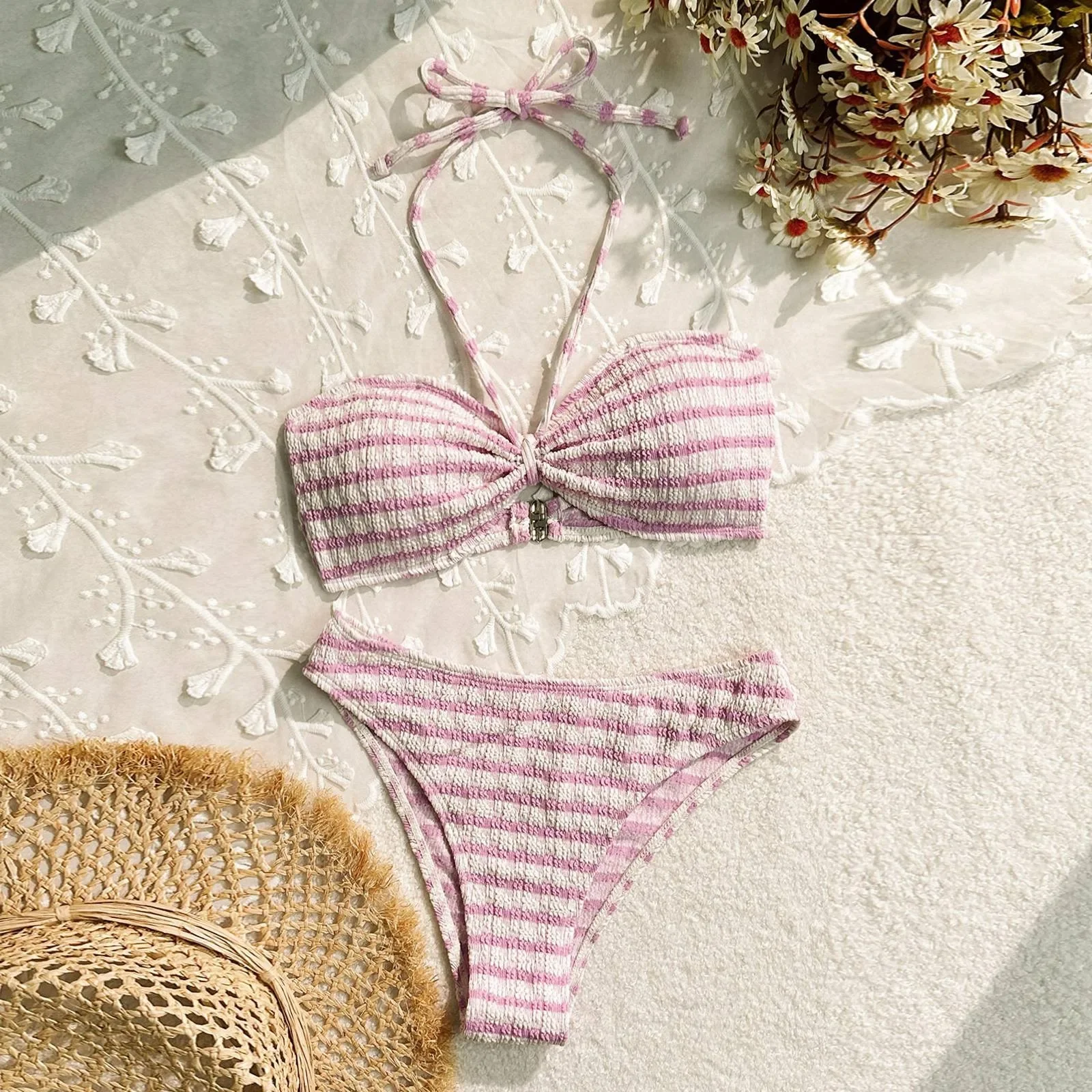 

Women'S European Bikinis New Two Pieces Striped Print Swimsuit Beach Vacation Swimwear Biquini Womens Bathing Suit Trendy