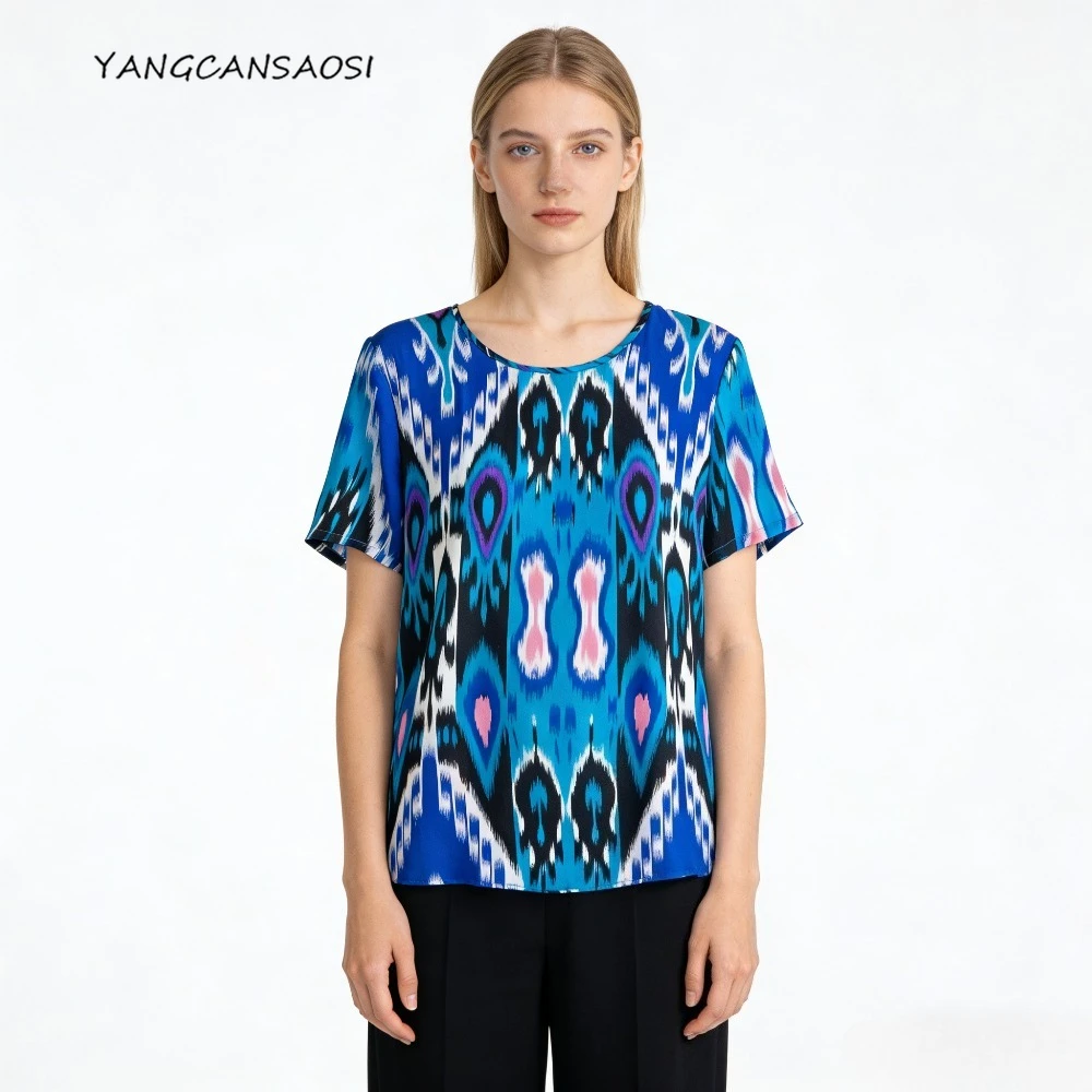 

Women's Casual Summer New 100% Natural Mulberry Silk Crepe De Chine Non Fixed Printing Loose Round Neck Short-sleeved T-shirt