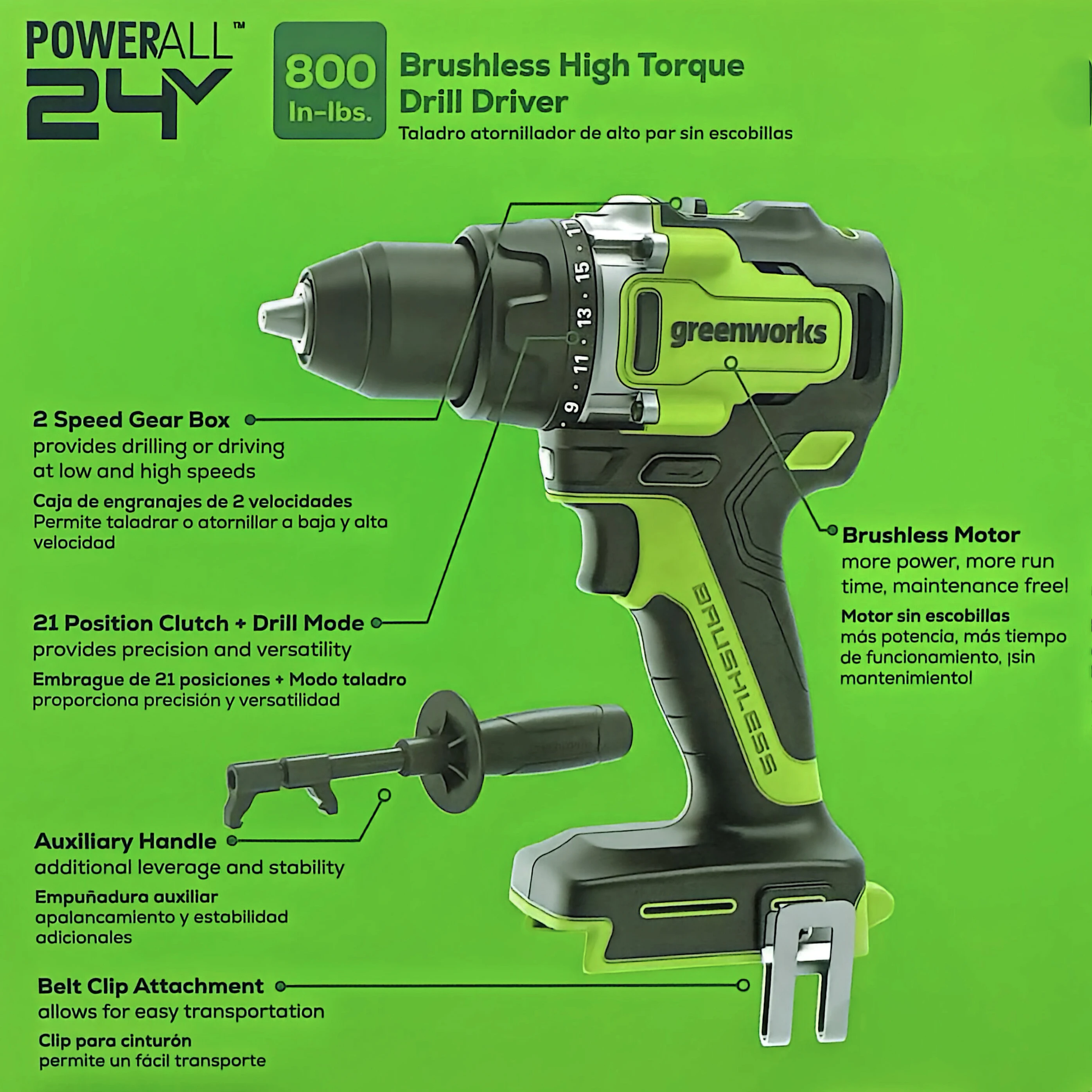 Greenworks 24V Drill Driver 800 In-Lbs 2-Speed 2100 RPM 1/2-Inch Keyless Chuck 21-Position Clutch Auxiliary Handle Tool Only