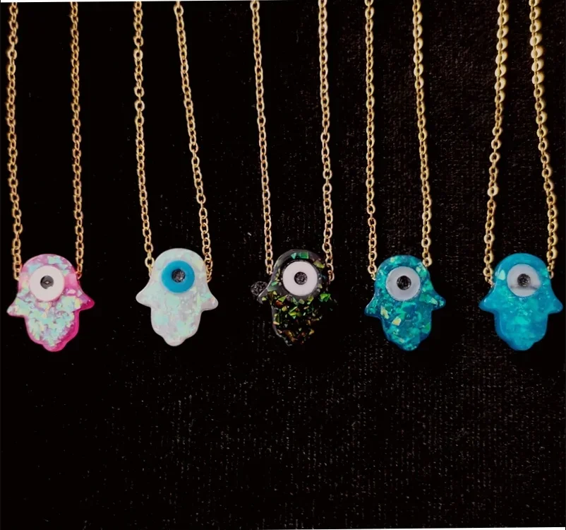 Stainless Steel Gold Color 45cm Chain Faux Opal Hamsa Hand Fatima Pendant Necklace For Women's Fashion Necklace
