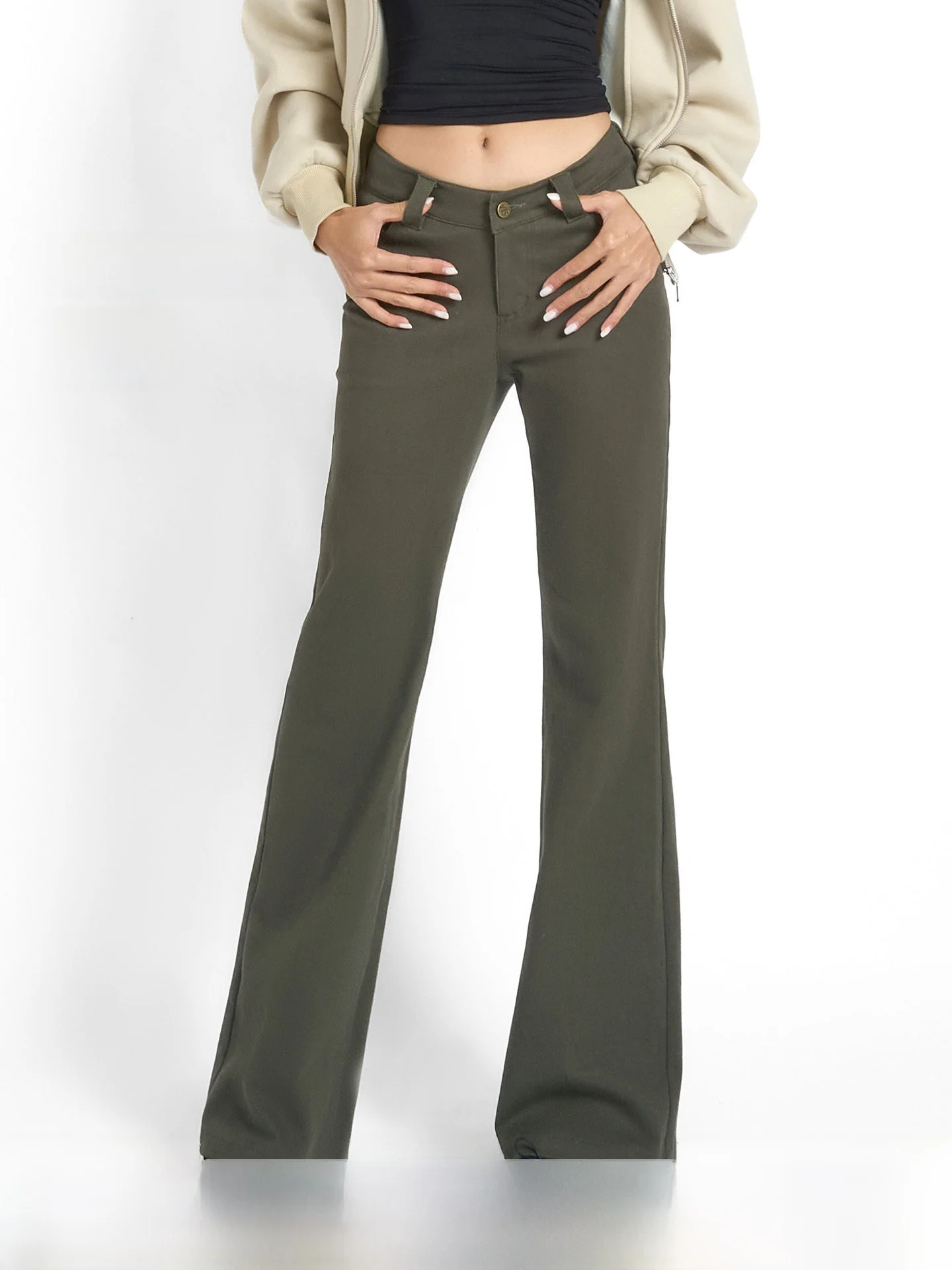 

ABMY American Style Low Waist Straight Leg Bell Bottom Work Pants Women's Grey Green Casual Pants Elastic Slimming Casual Tro...
