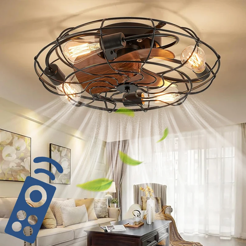 50CM Retro Ceiling Fan Black Cage Ceiling Fans with Light Remote Control Home American Bedroom Dining Room Fan Chandelier