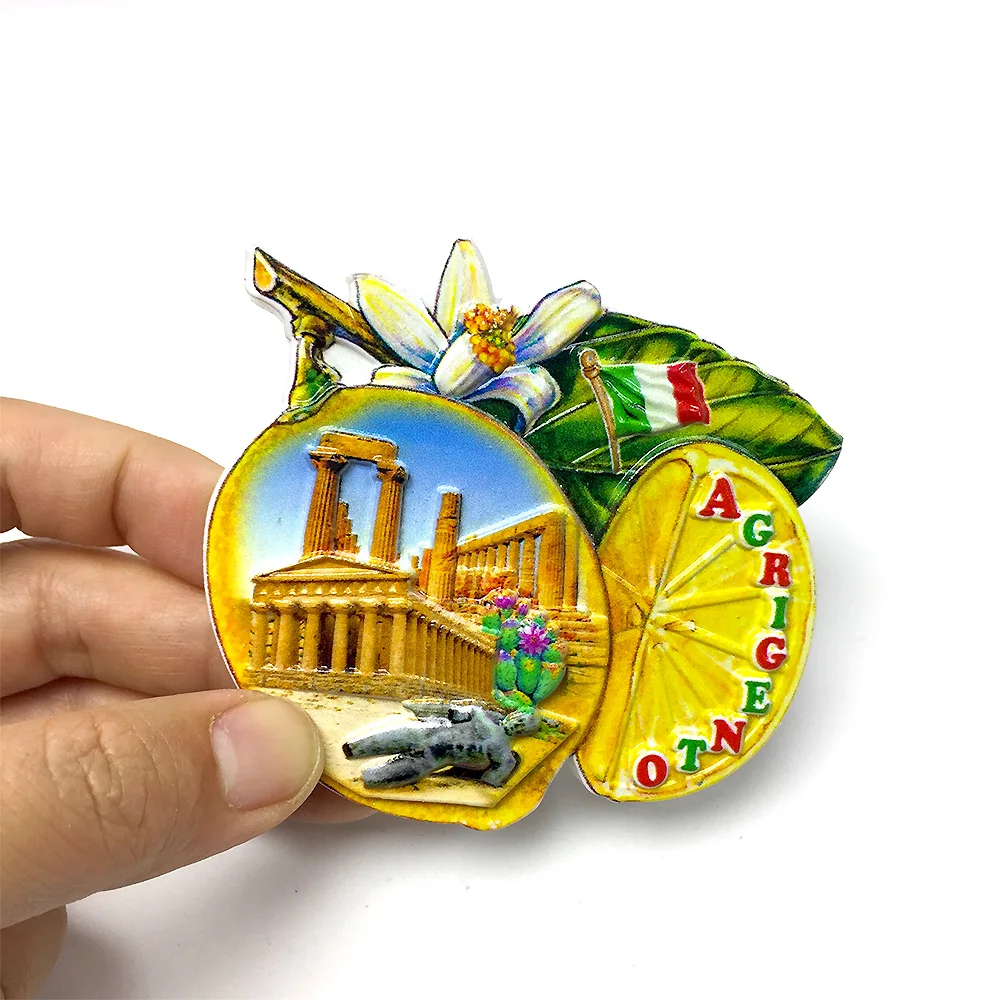 

Europe Italy Agrigento Lemon - Shaped 3D Resin Refrigerator Magnet with Greek Temples, Lemon Blossom & Italian Flag